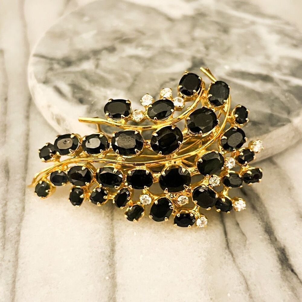 Vintage Black Crystal Spray Brooch Pin‎ Gold Toned Metal Prong Set Clear Accent